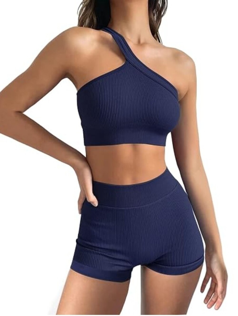 New Ribbed One-Shoulder Crop Top & High-Waist Shorts Set - Navy Size S